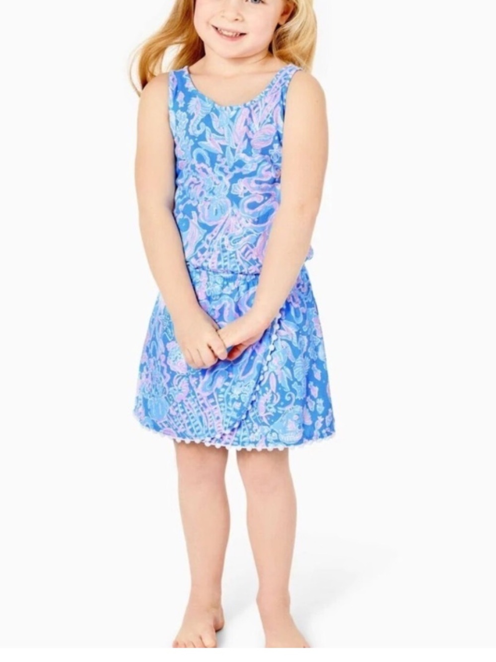 Lilly Pulitzer Girls Blue Floral Print Sleeveless Romper Dress